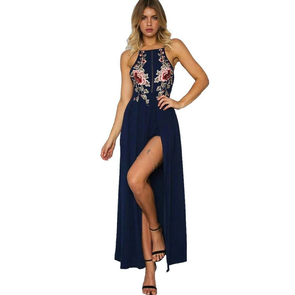 Navy Blue Floral Embroidered Split Maxi Dress
